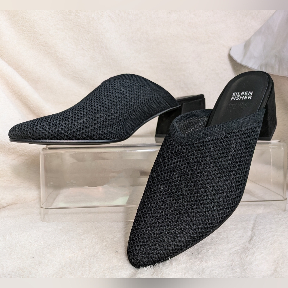 Eileen Fisher Black Gest Stretch Knit Pointed Toe Block Heel Mules | Size 10 View 2
